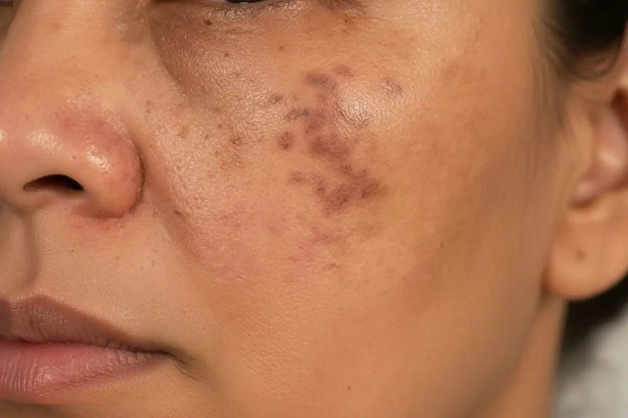 Macro photo of cheek skin with grey-brown mottled pigment, illustrating hydroquinone exogenous ochronosis risk