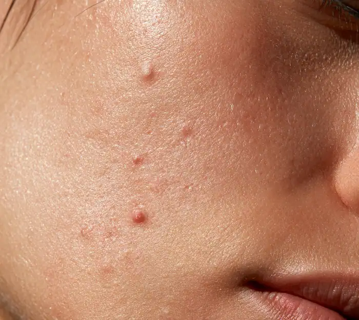Macro photo of cheek skin with inflamed papules and open pores, the type of acne benzoyl peroxide treats