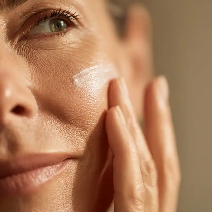 Macro close-up of cheek skin texture and fine pores, illustrating compounded skincare australia treatment areas