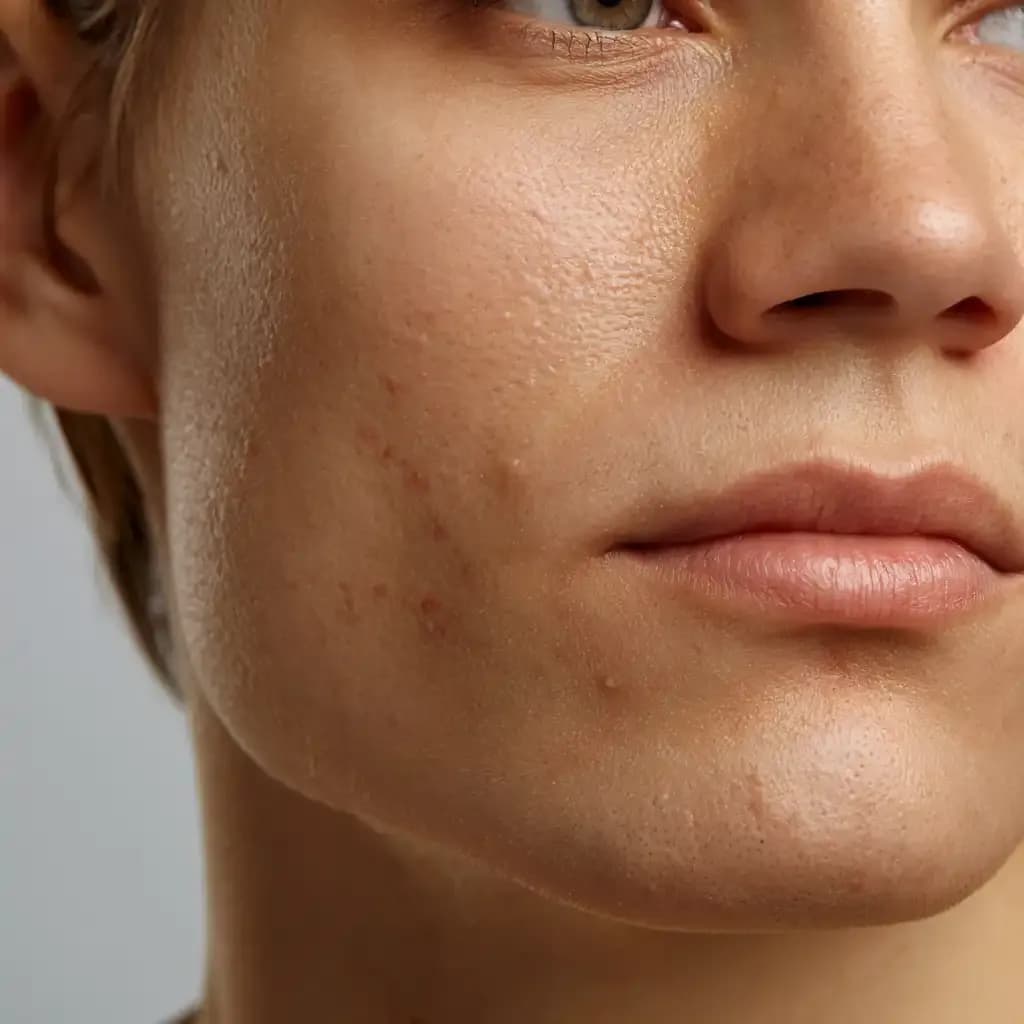 Macro close-up of dry, flaking cheek skin showing surface changes linked to a damaged skin barrier