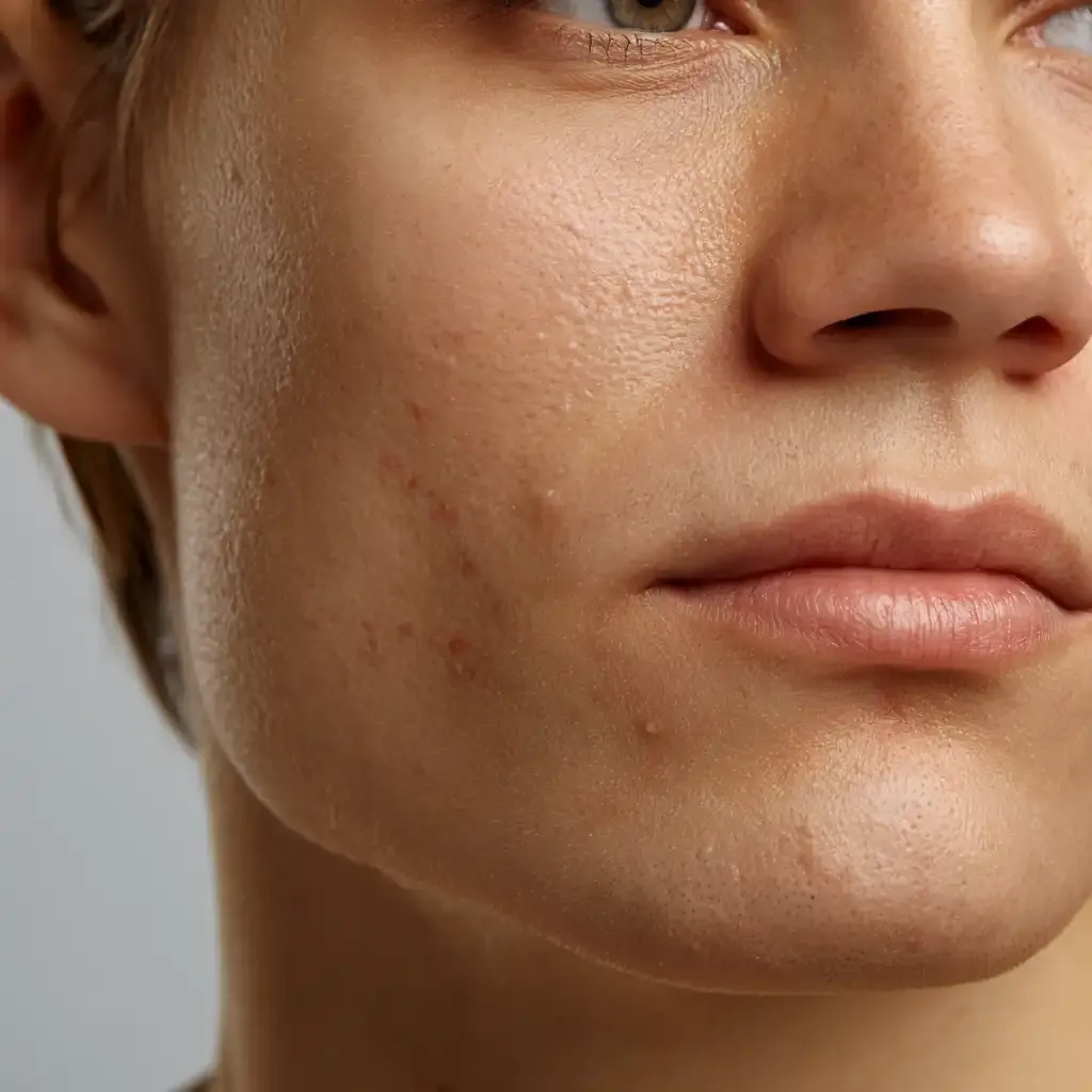 Macro close-up of dry, flaking cheek skin showing surface changes linked to a damaged skin barrier