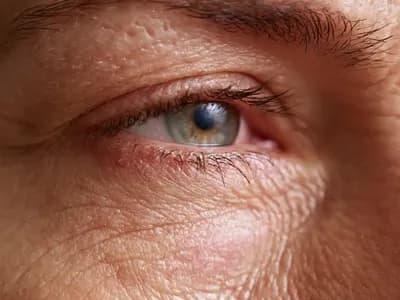 Macro photo of dry, flaking thin skin showing eczema around eyes with fine scaling and redness
