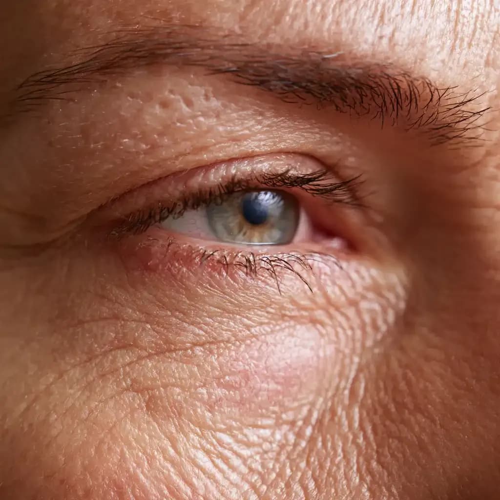 Macro photo of dry, flaking thin skin showing eczema around eyes with fine scaling and redness