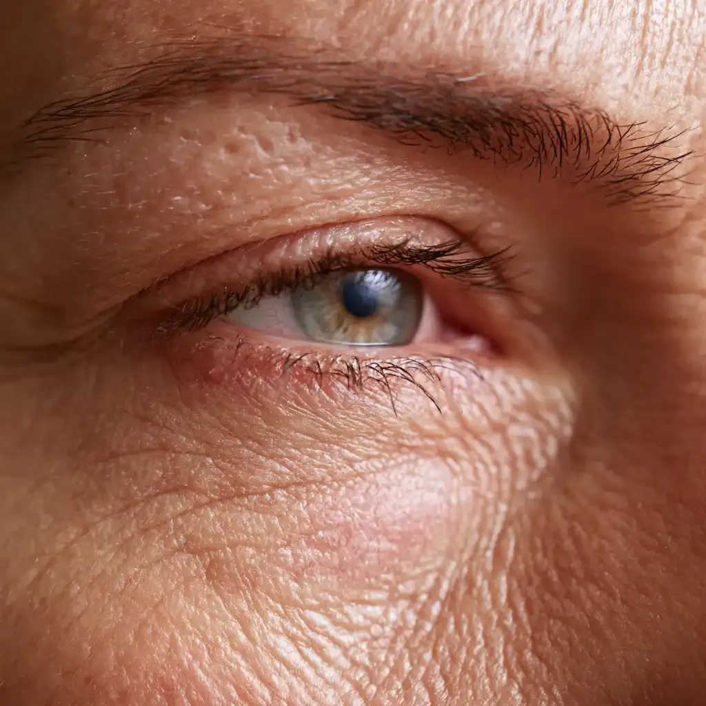 Macro photo of dry, flaking thin skin showing eczema around eyes with fine scaling and redness