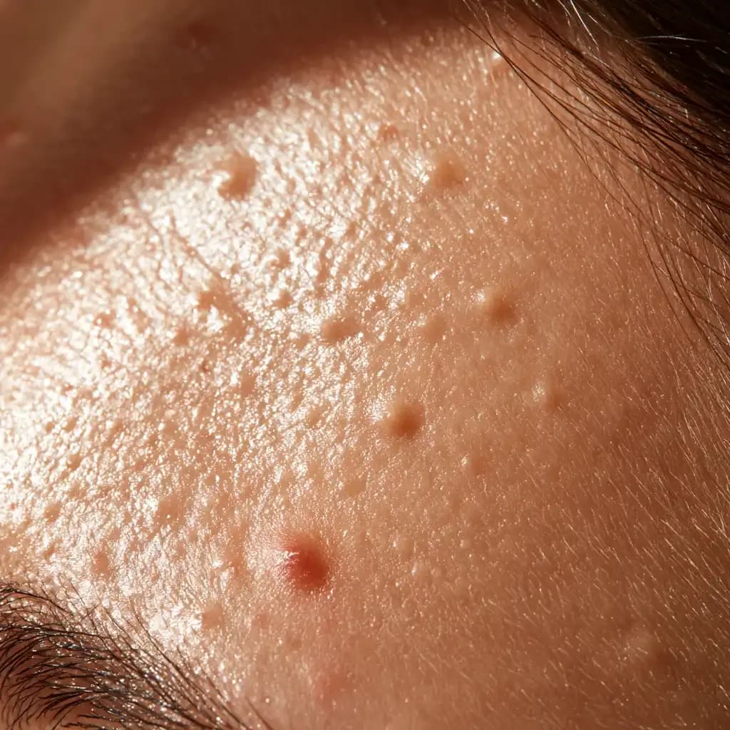 Macro skin photo showing clogged pores and small bumps typical of forehead acne across an oily skin band