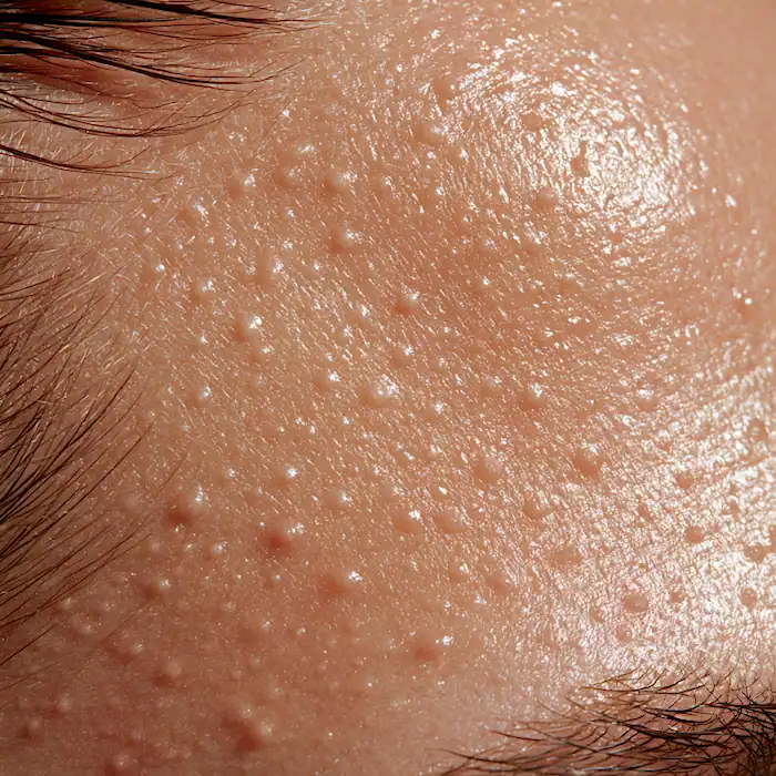 Macro close-up of forehead skin showing uniform small follicular bumps of the type seen in fungal acne
