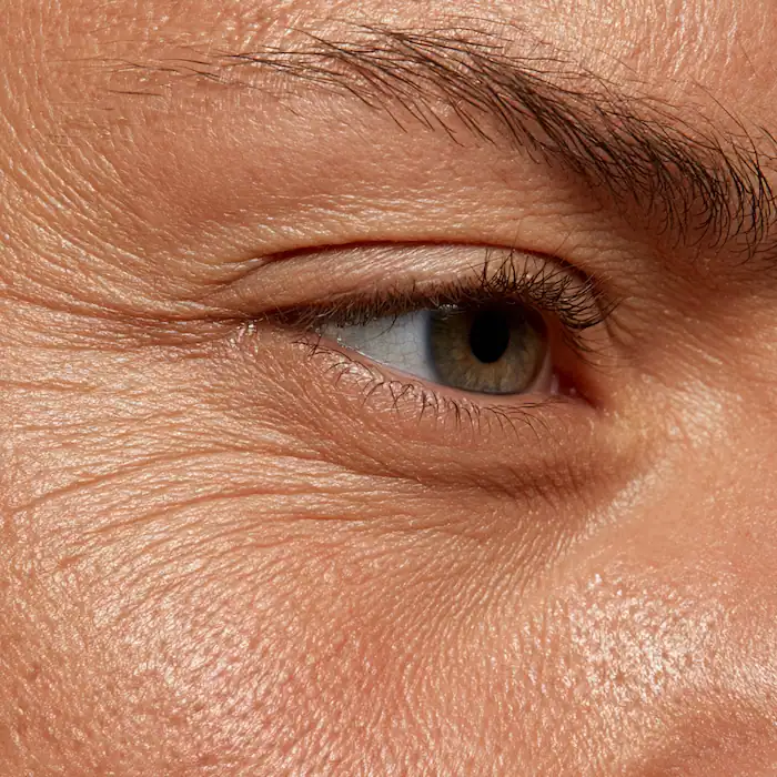 Macro close-up of cheek skin texture with fine flaking, the dull surface glycolic acid exfoliation targets