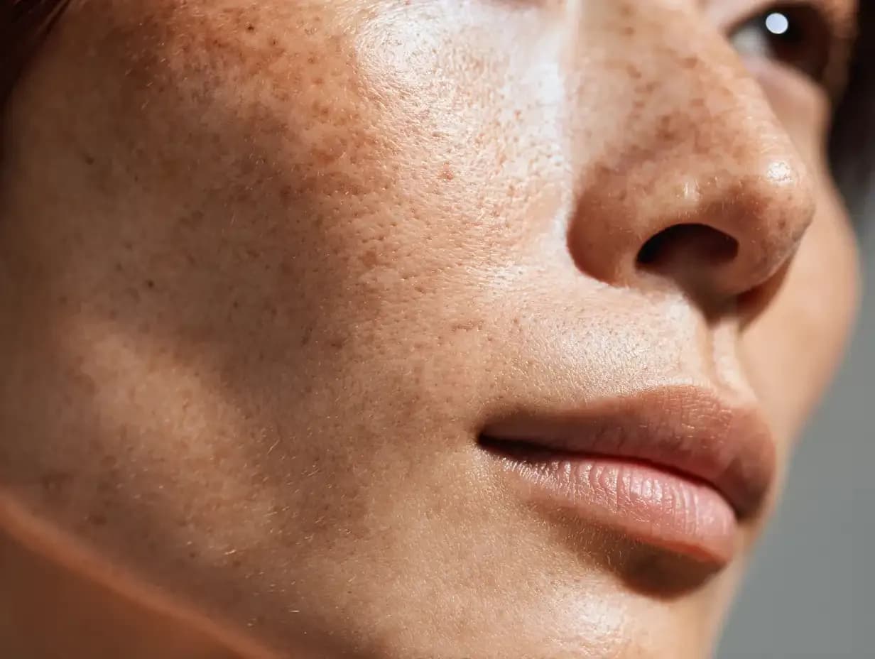 Macro skin close-up with scattered brown pigment spots illustrating how to get rid of freckles