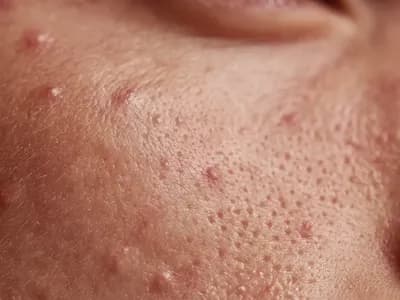 Macro skin photo of small whiteheads and clogged pores showing how to get rid of whiteheads safely