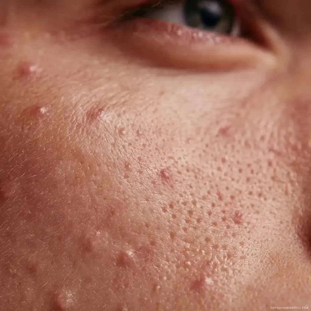 Macro skin photo of small whiteheads and clogged pores showing how to get rid of whiteheads safely
