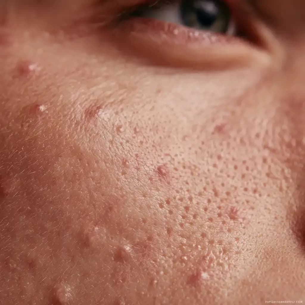 Macro skin photo of small whiteheads and clogged pores showing how to get rid of whiteheads safely