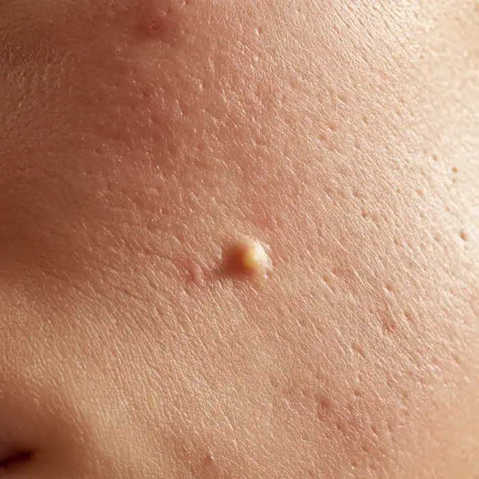 Macro photo of cheek skin with a ripe whitehead and pores, illustrating how to pop a pimple safely