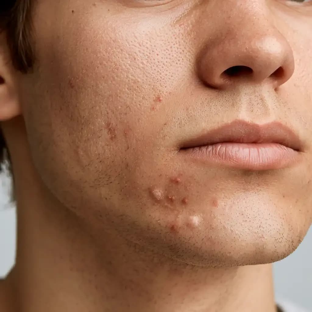 Macro skin photo of deep inflamed lumps and reddened texture illustrating nodular acne on the jaw