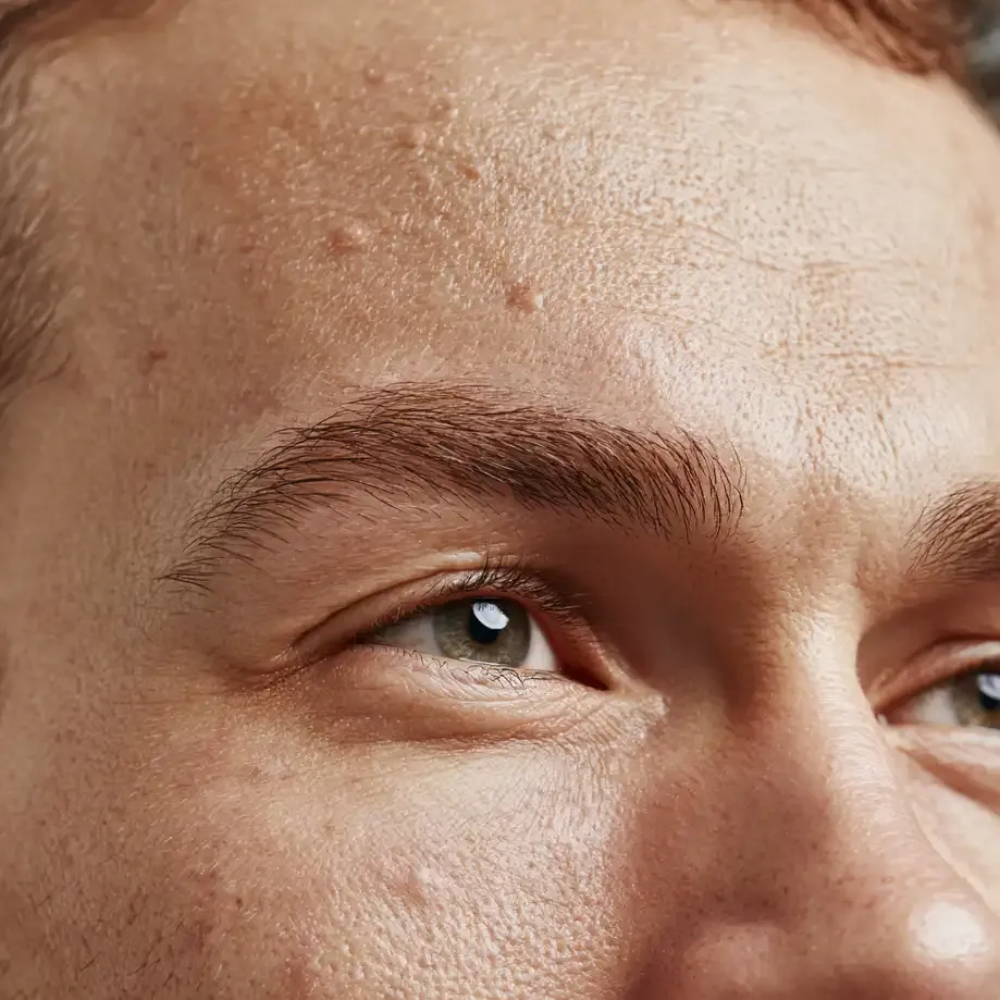 Macro close-up of forehead skin texture and pores relevant to pimples on forehead and acne