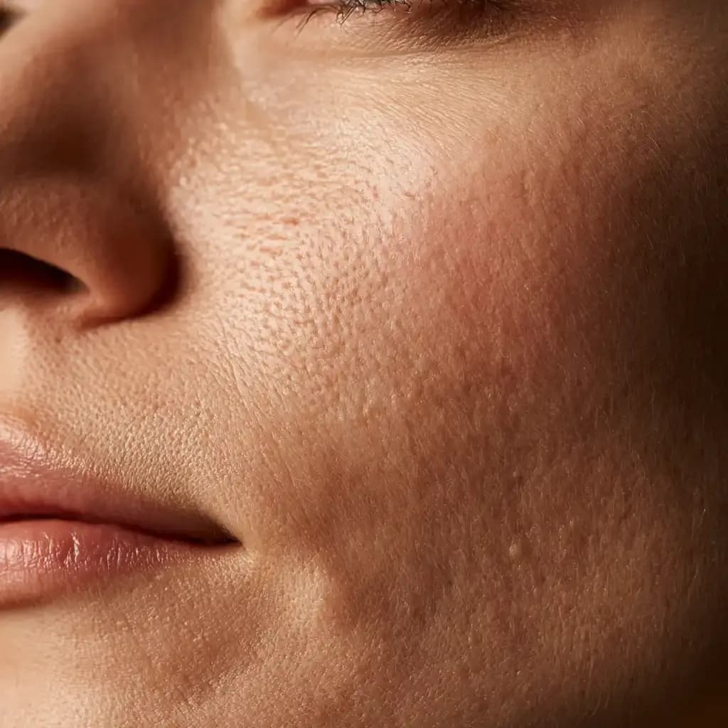 Macro close-up of human skin showing rough skin texture across an uneven, grainy surface