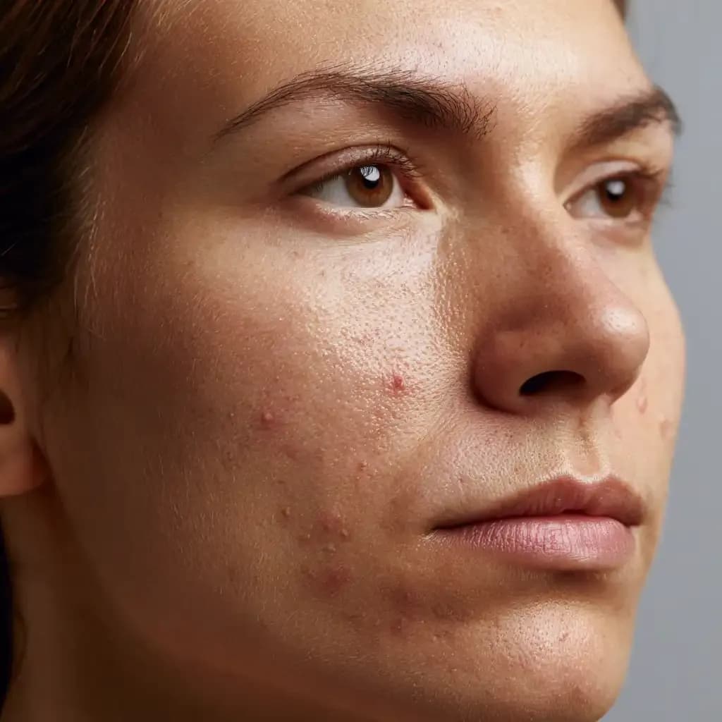 Macro skin close-up of small inflamed papules and blocked pores reflecting acne around mouth on the chin